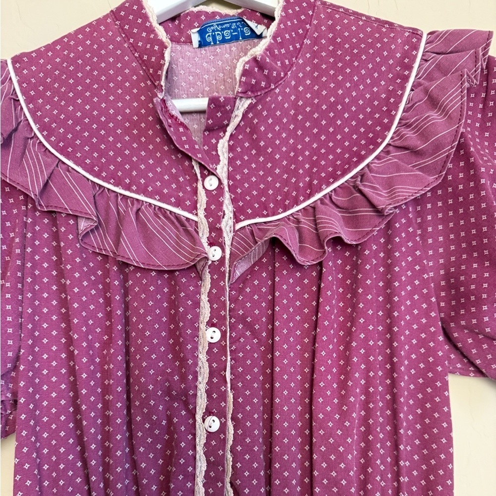 Vintage Prairie Cottage Lace Trim Tiered Ruffle Midi Dress Plum Women’s Small - Picture 4 of 7